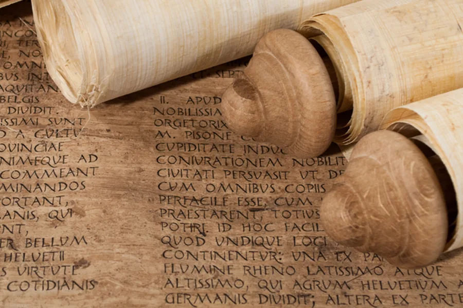 Zwei aufgerollte Papyrusrollen liegen auf einem lateinischen Text, der in Großbuchstaben geschrieben ist